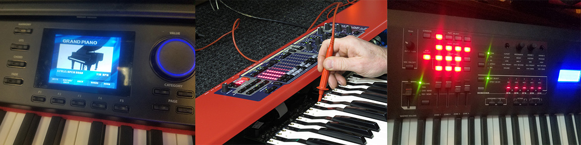 Closeup of a digital grand piano, Digital electronic music keyboard being serviced, closeup of lit up display and keys on an electric keyboard.
